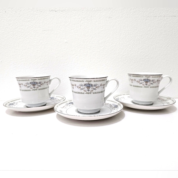 Diane by Fine China of Japan Blue Flower Scrolls - Set of 3 Footed Cups+Saucer - Picture 4 of 16